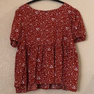 SHEIN 1XL Burnt Orange Puff Short Sleeve Allover Print Smock Top